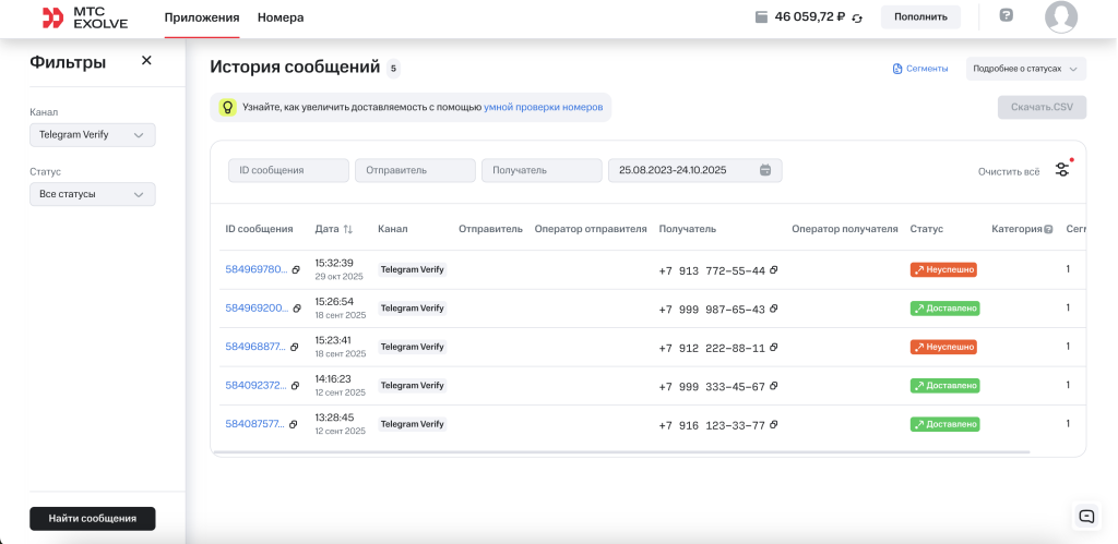 Фильтрация по каналу Telegram Verify в статистике сообщений